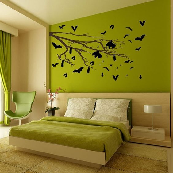 green lime painted wall for fresh and cozy bedroom