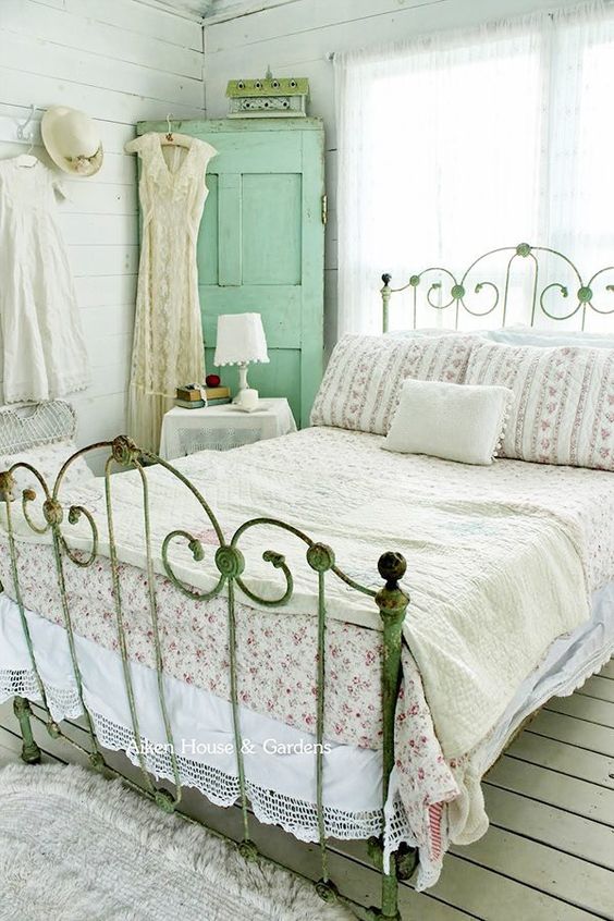 shabby chic bedroom with accent green decoration