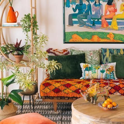 bohemian living room idea with pop color