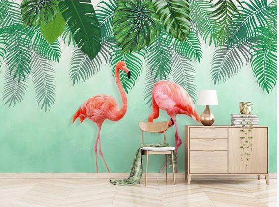 green leaves and flamingo wallpaper for tropical living room decoration ideas