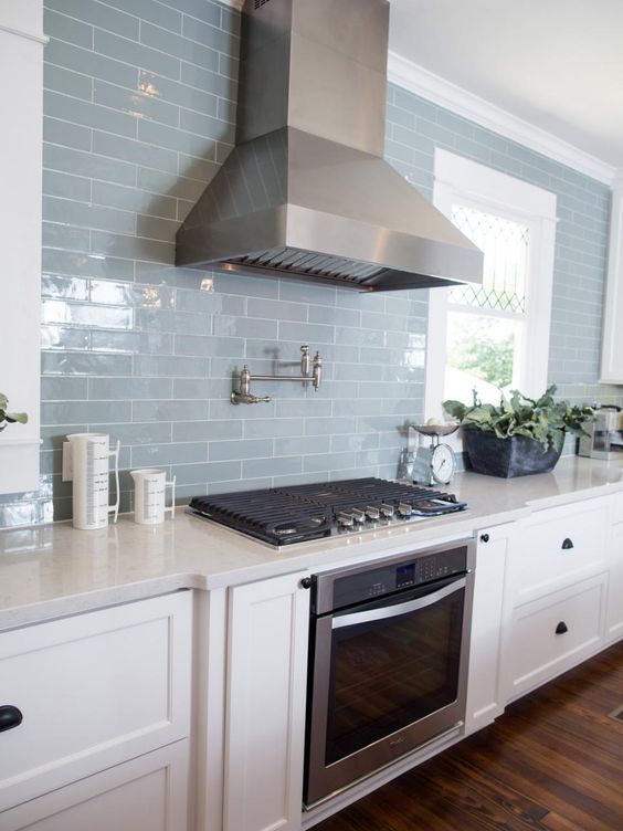 blue bacsplash tile for a coastal kitchen idea