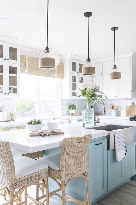 light blue cabinet to evoke nautical kitchen decor