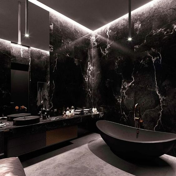 glossy and stylish black marble bathroom