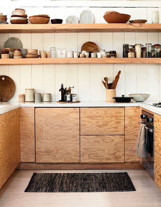 floating shelves give aesthetic to Japanese kitchen