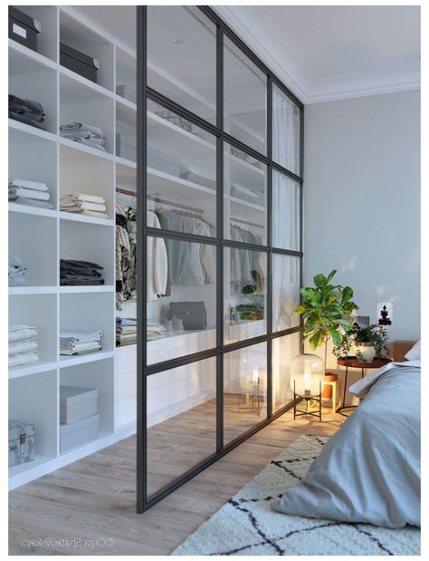 modern Scandinavian bedroom with walk-in wardrobe