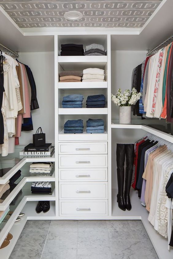 neutral walk-in wardrobe for small apartment