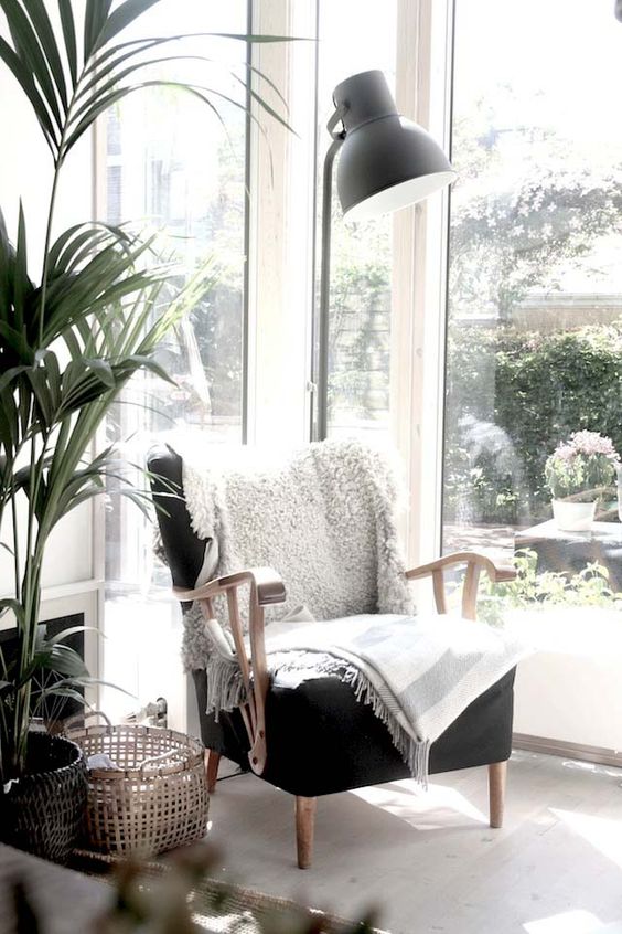 cozy reading nook in Scandinavian living room