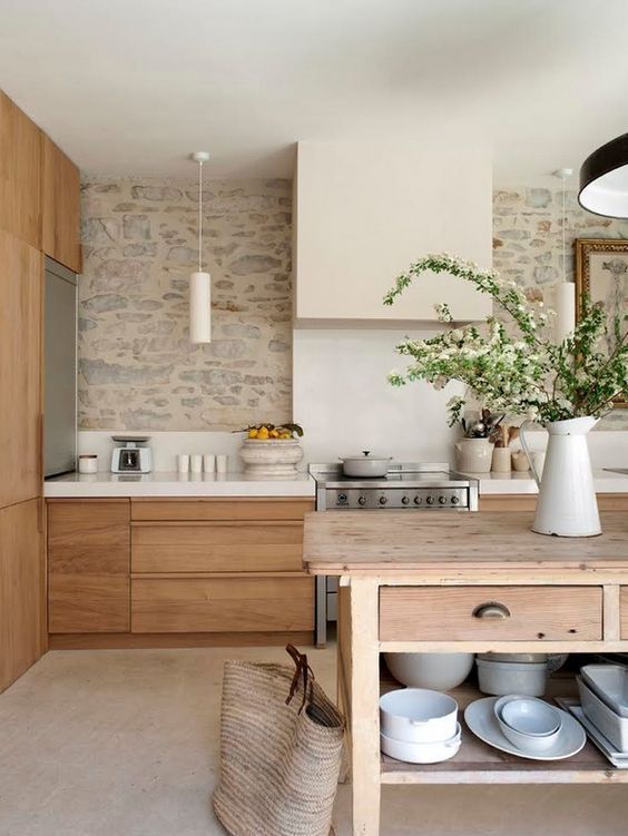 trendy Scandinavian kitchen design with stone accent wall