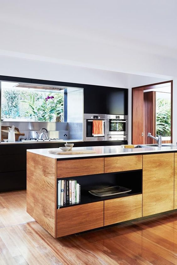 stylish Japanese kitchen with window splashback