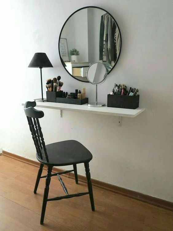 make up vanity floating shelf to save space in small bedroom