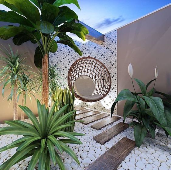 tropical terrace design with swing chair