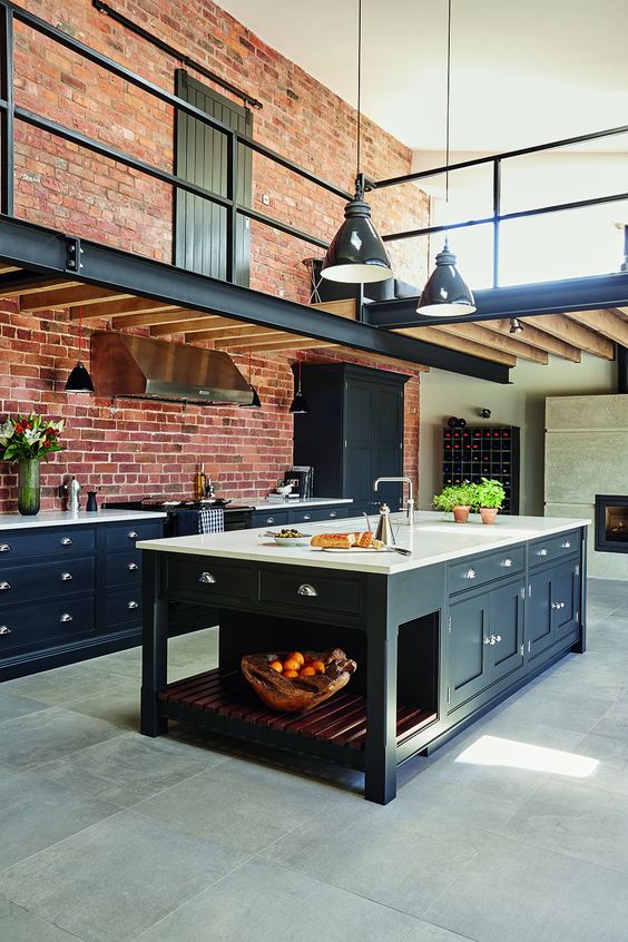 industrial kitchen design with brick wall accent