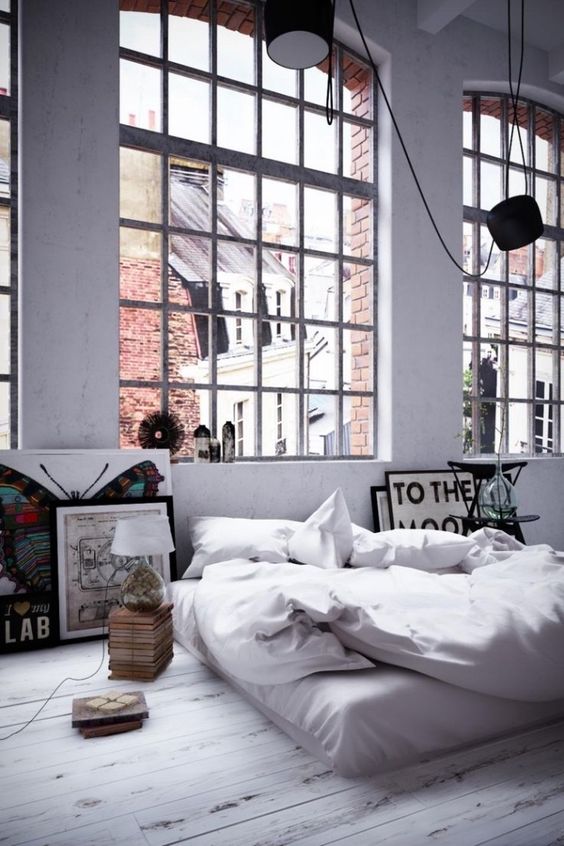 white industrial bedroom